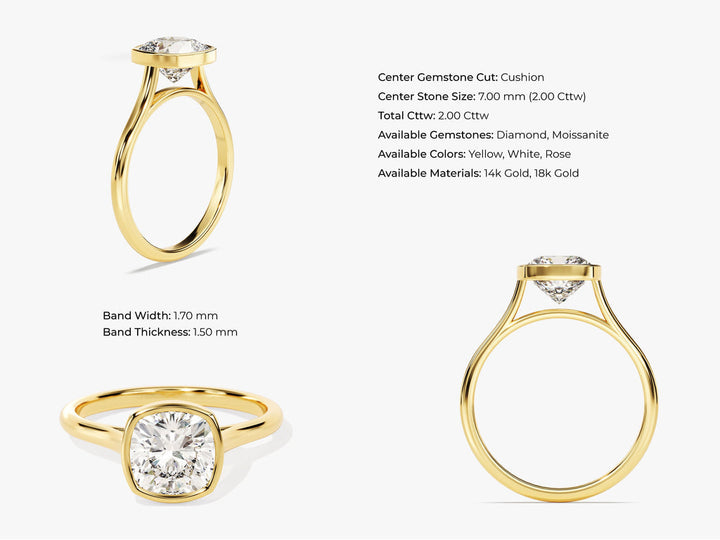 2.0CT Cushion Cut Bezel Lab Grown Diamond Engagement Ring For Women