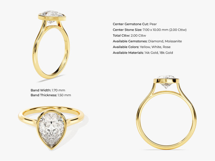 2.0CT Pear Cut Bezel Lab Grown Diamond Engagement Ring For Women