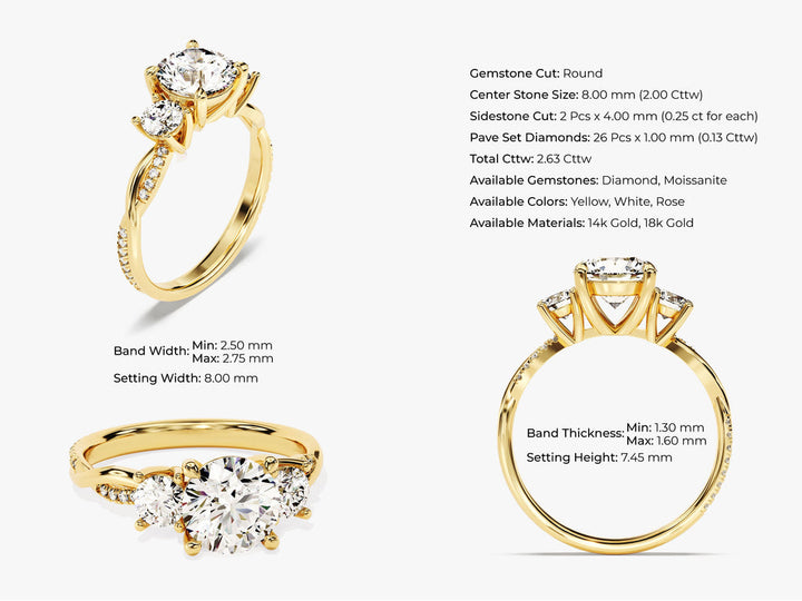 2.50CT Round Cut  Three Stone Lab Grown Diamond Twisted Engagement Ring For Her