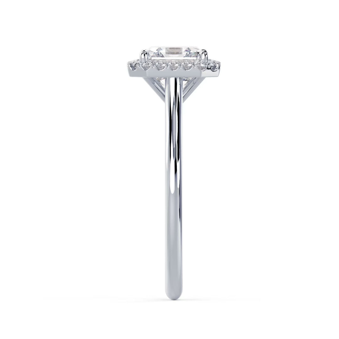 Detailed view of an E VS1 asscher cut lab grown diamond halo solitaire engagement ring with precise symmetry