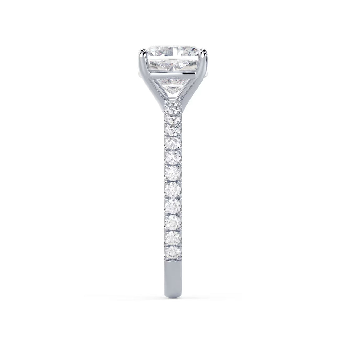 Detailed view of an E VS1 cushion cut lab grown diamond pave engagement ring with clean symmetry and refined sparkle