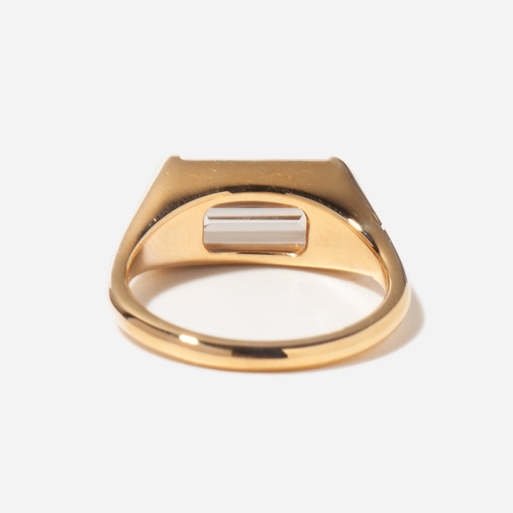 E VS1 emerald cut lab diamond signet solitaire engagement ring set in polished gold band with horizontal orientation