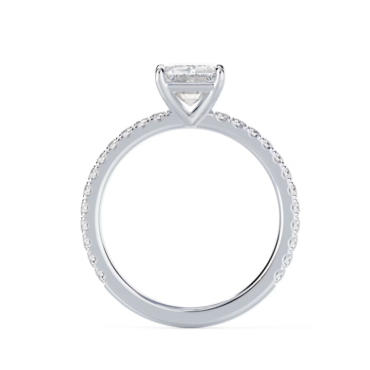 Detailed view of an E VS1 emerald cut lab grown diamond pave engagement ring with clean rectangular geometry and clarity