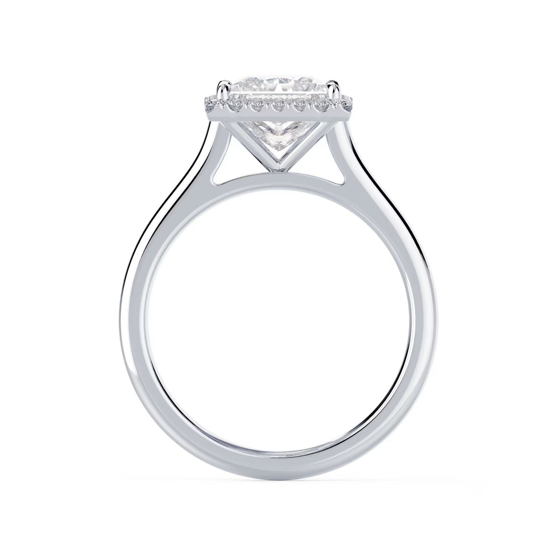 Detailed view of an E VS1 princess cut lab grown diamond halo solitaire engagement ring showcasing clarity and symmetry
