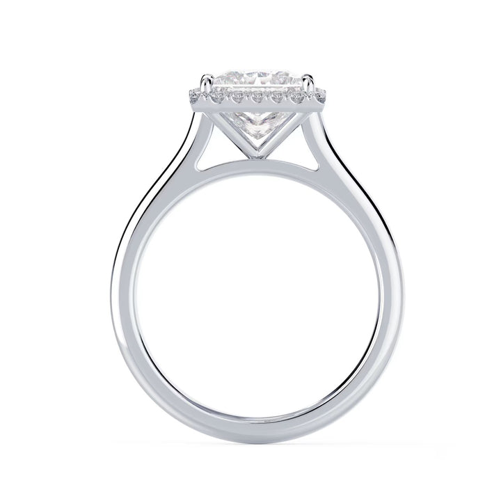 Detailed view of an E VS1 princess cut lab grown diamond halo solitaire engagement ring showcasing clarity and symmetry