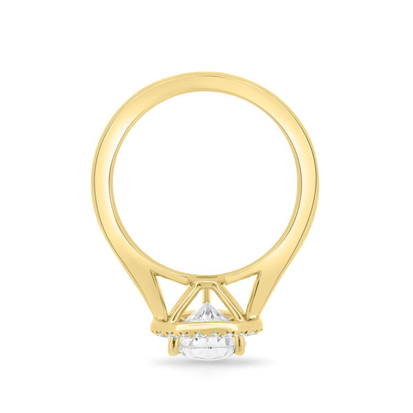 Detailed view of round E VS1 lab grown diamond halo pavé engagement ring showcasing exceptional sparkle and craftsmanship