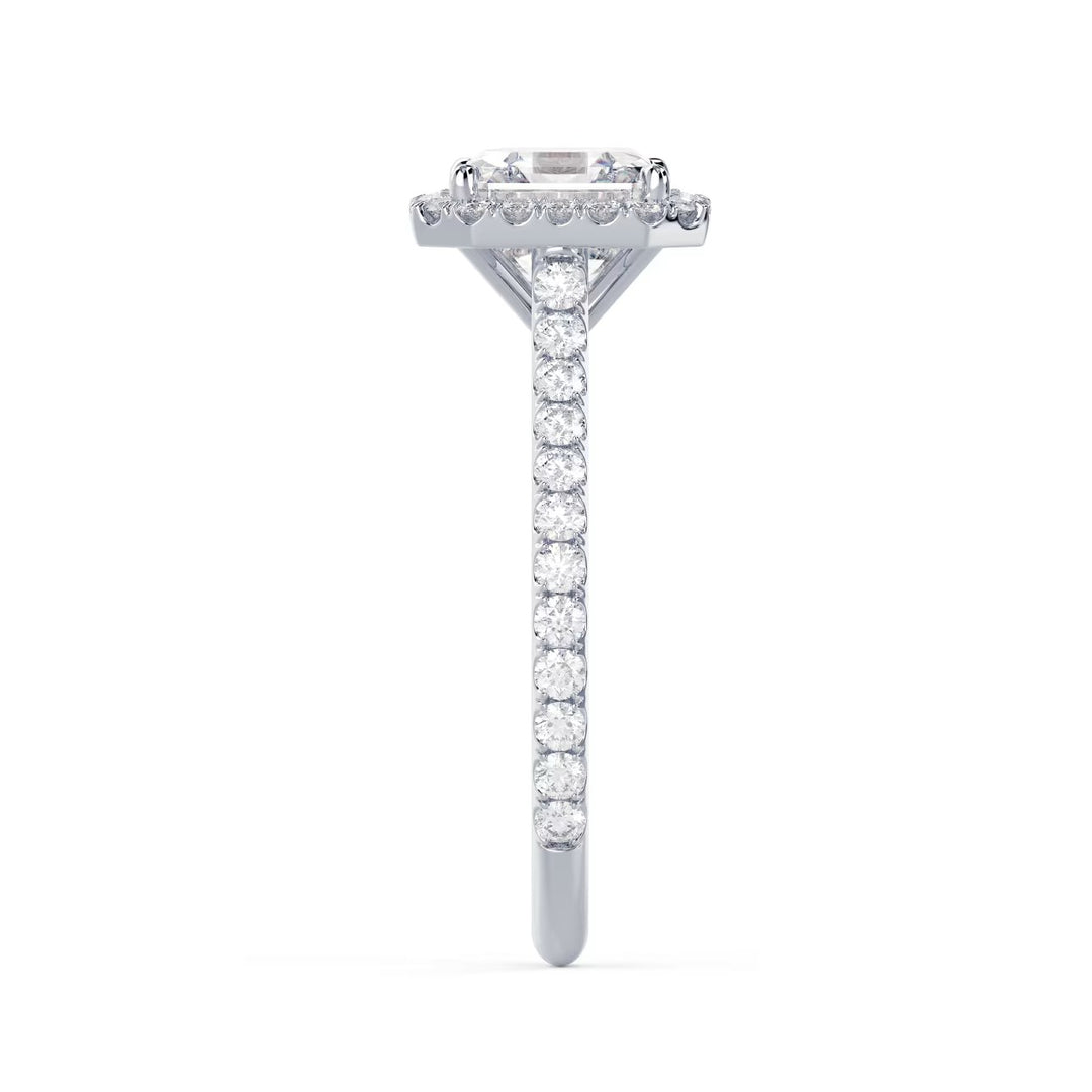 Detailed view of an E VS2 asscher cut lab diamond halo cathedral pave engagement ring showing geometric precision