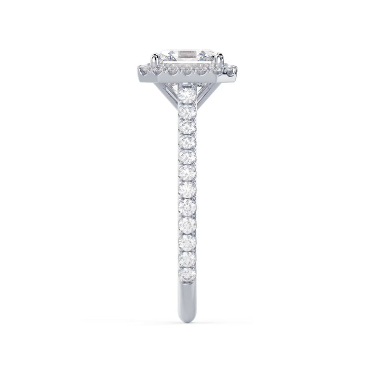 Detailed view of an E VS2 asscher cut lab diamond halo cathedral pave engagement ring showing geometric precision