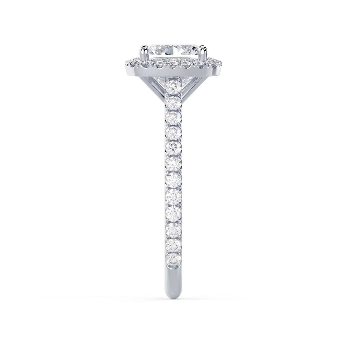 Detailed view of an E VS2 cushion cut lab grown diamond halo cathedral pave engagement ring with elevated structure