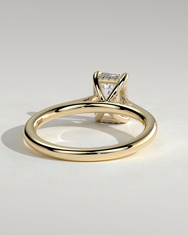modern emerald cut engagement ring cathedral hidden halo E VS2 diamond ring