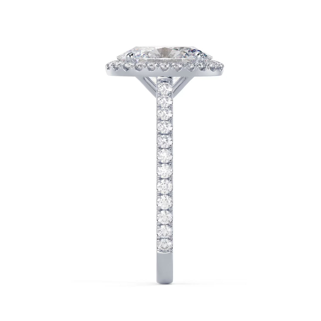 Detailed view of an E VS2 oval cut lab grown diamond halo cathedral pave engagement ring with elegant elongated shape