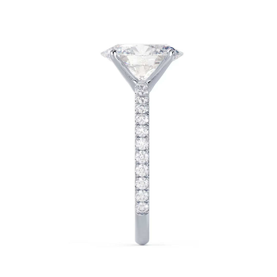 Detailed view of an E VS2 oval cut lab diamond pave engagement ring with elegant elongated shape and clarity