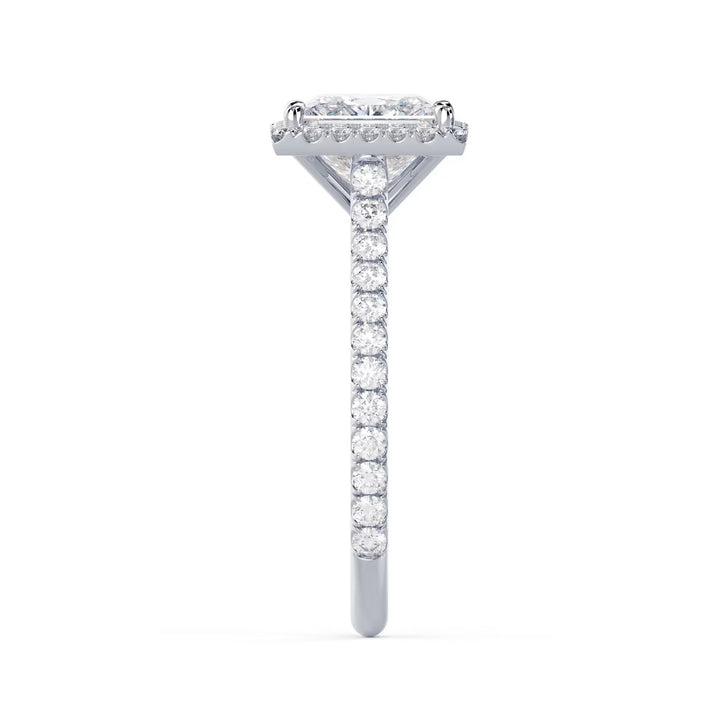 Detailed view of an E VS2 princess cut lab diamond engagement ring with halo and cathedral pave setting