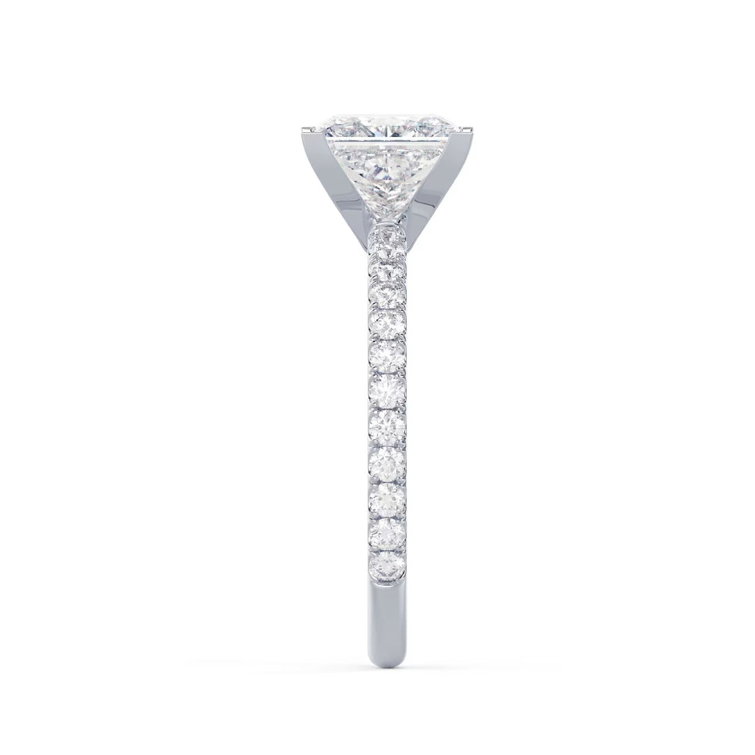Detailed view of an E VS2 princess cut lab grown diamond pave engagement ring with crisp geometric symmetry
