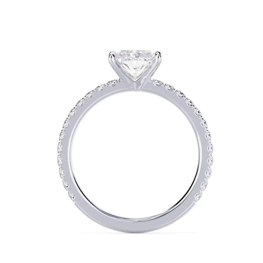 Detailed view of an E VS2 radiant cut CVD lab grown diamond pave engagement ring with sharp geometric brilliance