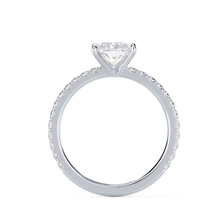 Detailed view of an E VS2 radiant cut CVD lab grown diamond pave engagement ring with sharp geometric brilliance