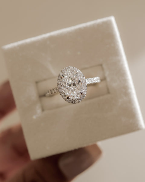 IGI certified oval halo pavé diamond ring USA