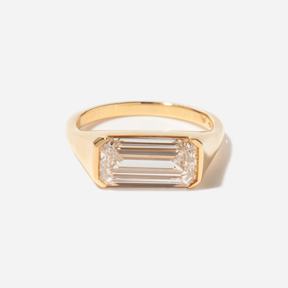 East West Emerald Cut Signet Solitaire Lab Diamond Ring Close Up