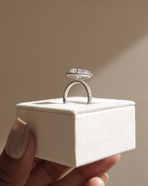 Elegant radiant cut lab diamond halo pavé engagement ring with refined proportions and sparkling modern design
