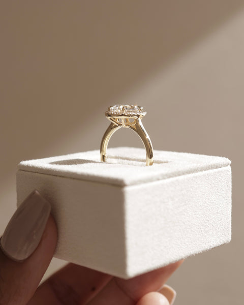 Elegant round lab grown diamond halo pavé engagement ring with balanced proportions and sophisticated detailing