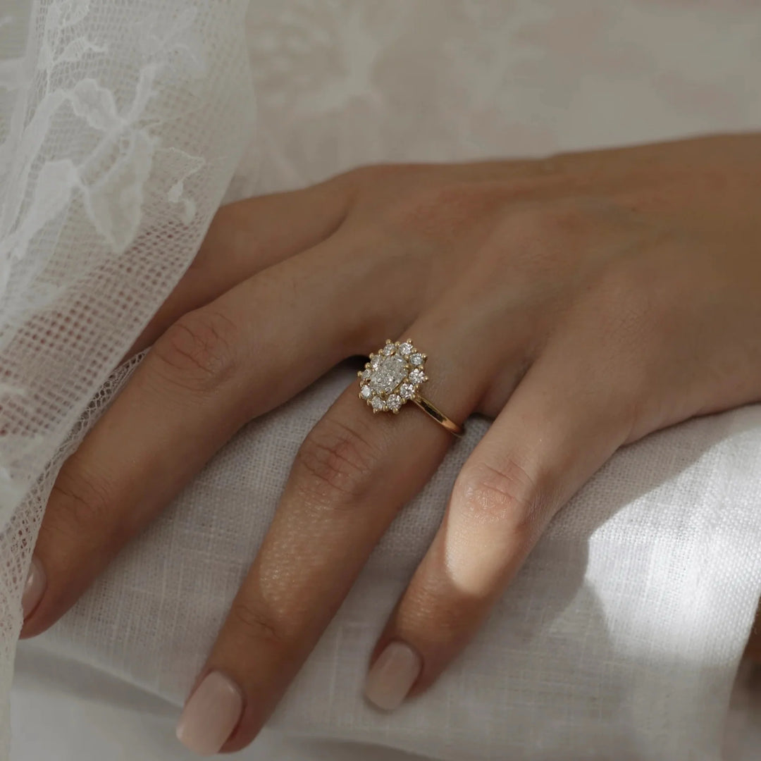 elegant elongated cushion halo cluster diamond ring IGI certified USA