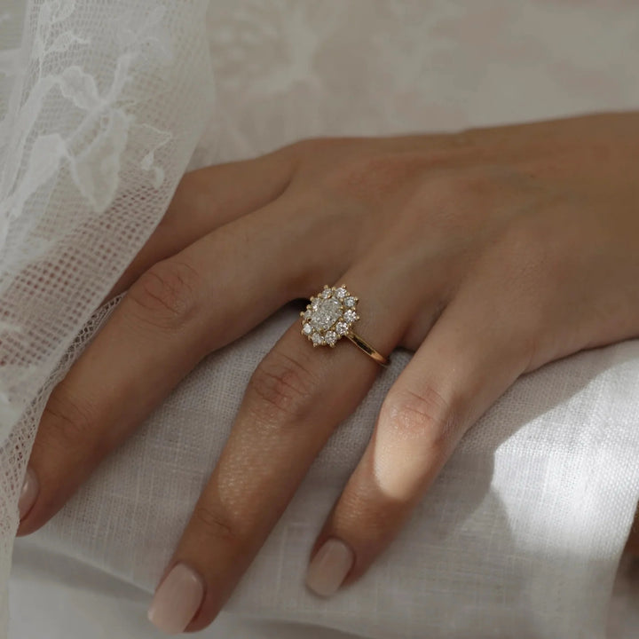 elegant elongated cushion halo cluster diamond ring IGI certified USA