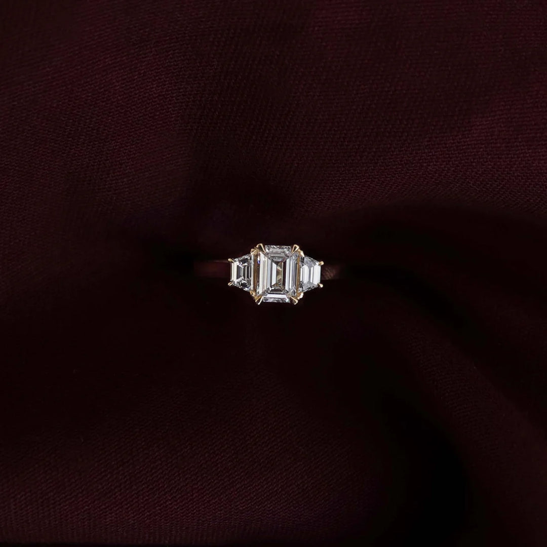 1.0ct Emerald Cut Three Stone Diamond Unique Engagement Ring