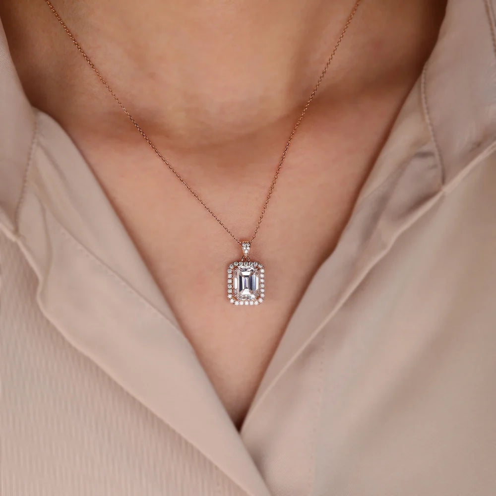 Emerald Cut Halo Lab Grown Diamond Necklace Elegant | Diamond Necklace Designs