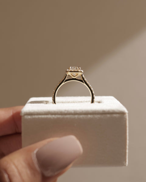 emerald cut halo cathedral engagement ring with pavé band USA