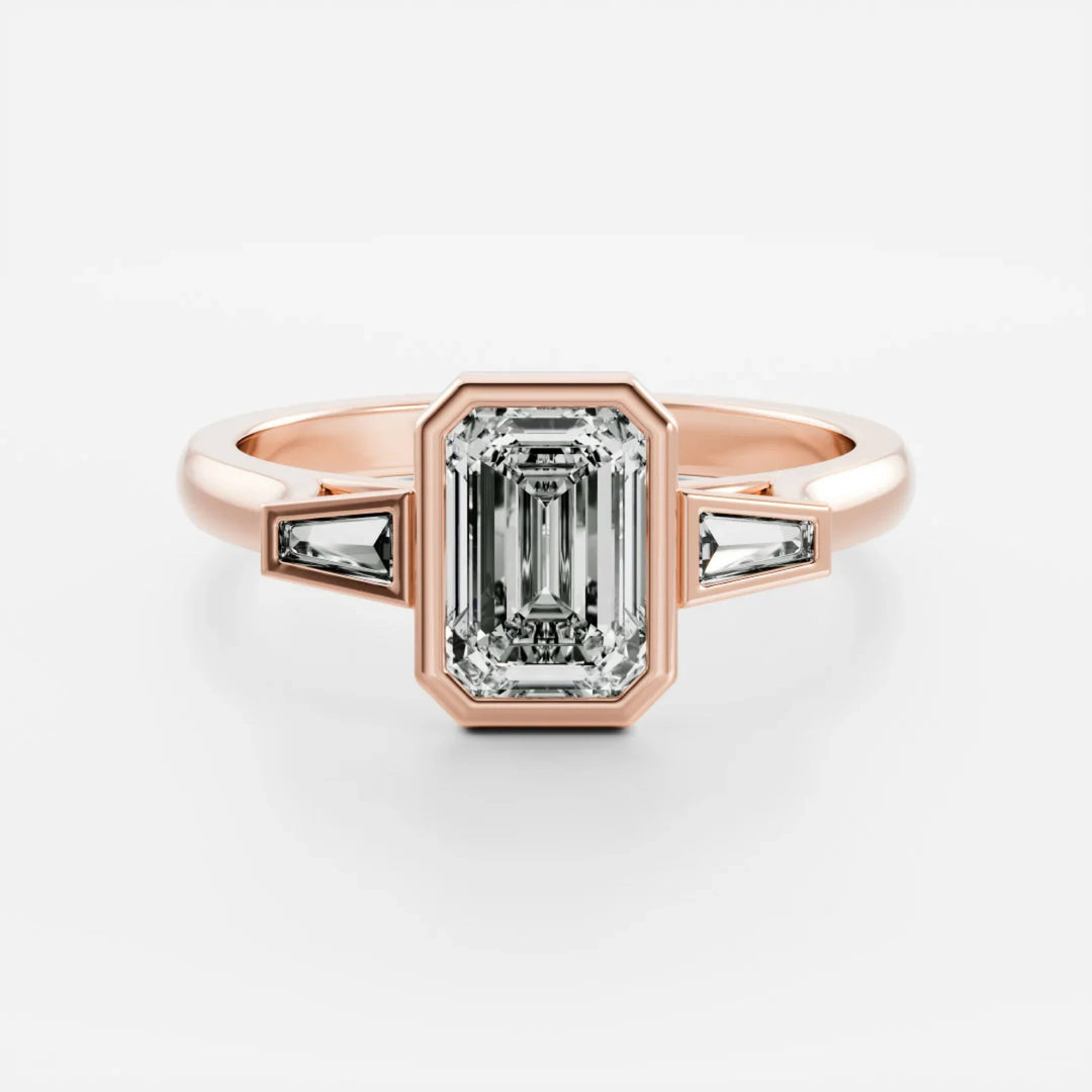 emerald cut bezel trilogy engagement ring 1.5 carat lab diamond IGI certified USA