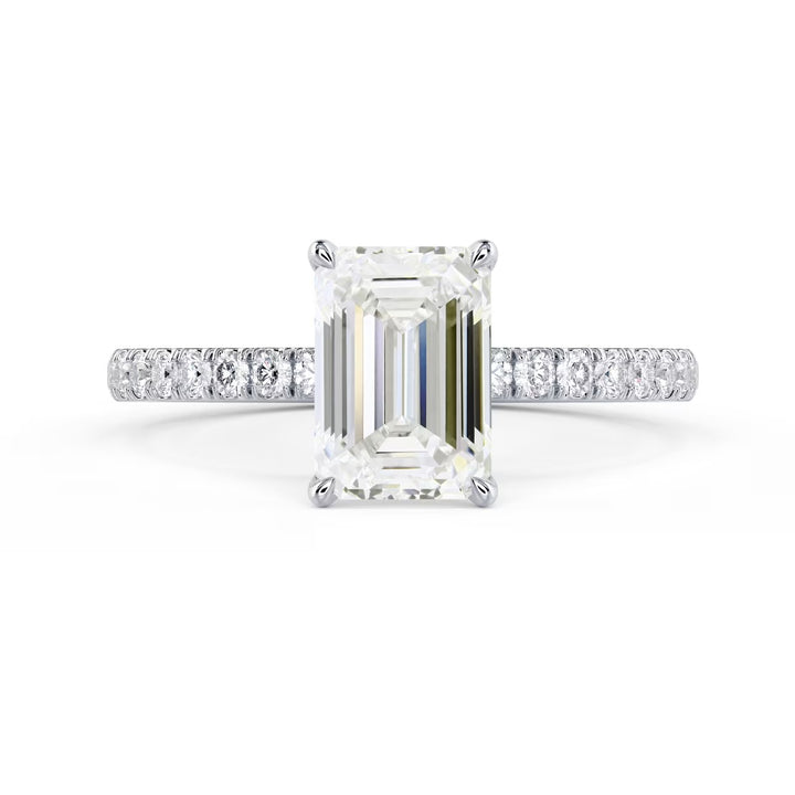 emerald cut lab grown diamond pave engagement ring 1.5 carat E VS2