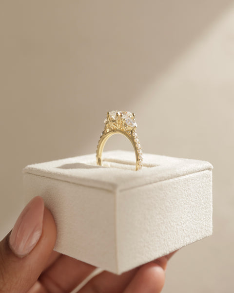 3.0ct Cushion Three Stone Cathedral Pave F/VS1 Lab Grown Diamond Engagement Ring