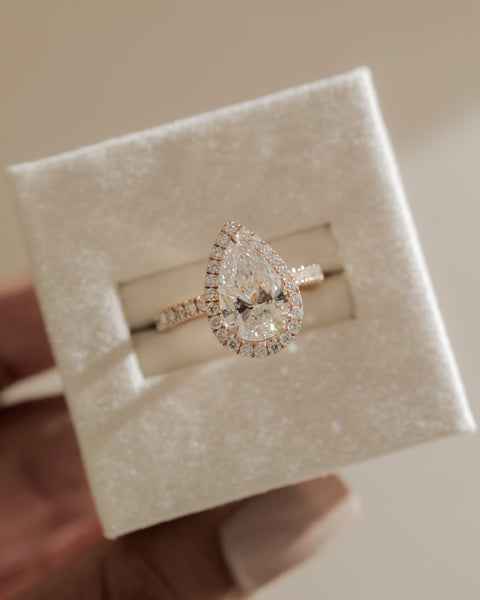 1.50CT Pear Cut E/VS2 Lab Grown Diamond Halo Pave Engagement Ring