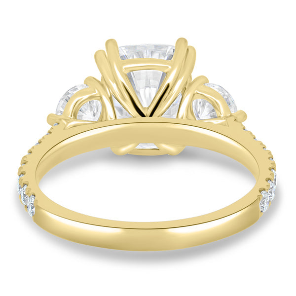 3.0ct Cushion Three Stone Cathedral Pave F/VS1 Lab Grown Diamond Engagement Ring