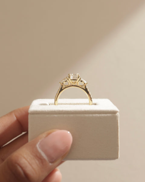 3.0ct Cushion F/VS1 Lab Grown Diamond Three Stone Cathedral Pave Engagement Ring