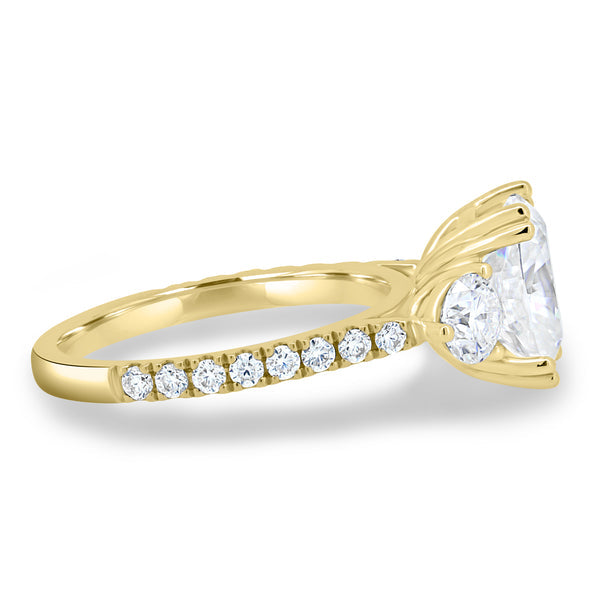 3.0ct Cushion Three Stone Cathedral Pave F/VS1 Lab Grown Diamond Engagement Ring