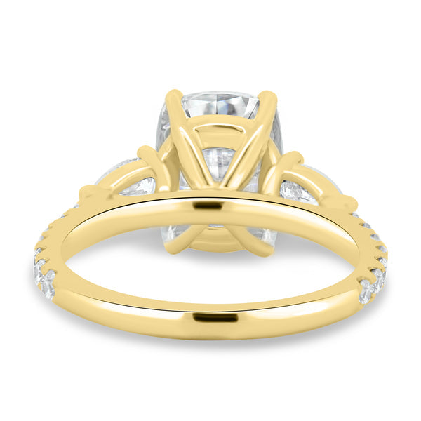 3.0ct Cushion F/VS1 Lab Grown Diamond Three Stone Cathedral Pave Engagement Ring