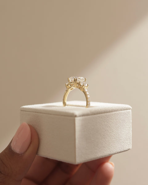 3.0ct Cushion Three Stone Cathedral Pave F/VS1 Lab Grown Diamond Engagement Ring