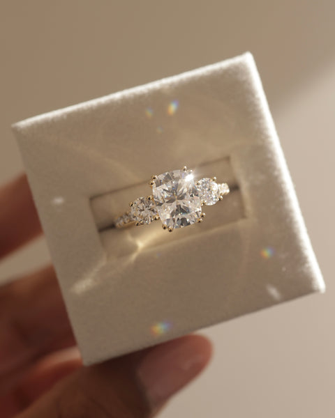 3.0ct Cushion Three Stone Cathedral Pave F/VS1 Lab Grown Diamond Engagement Ring