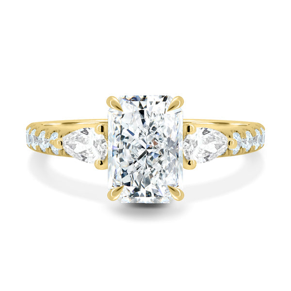 3.0ct Radiant F/VS1 Lab Grown Diamond Three Stone Cathedral Pave Engagement Ring