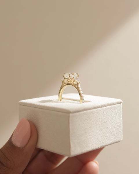 3.0ct Cushion F/VS1 Lab Grown Diamond Three Stone Cathedral Pave Engagement Ring