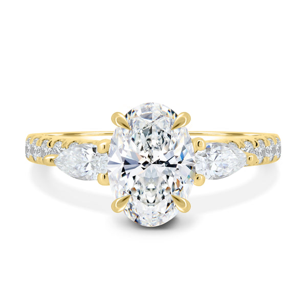 2.50ct Oval F/VS1 Lab Grown Diamond Three Stone Cathedral Pave Engagement Ring