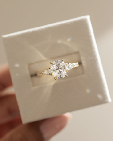3.0ct Cushion F/VS1 Lab Grown Diamond Three Stone Cathedral Pave Engagement Ring