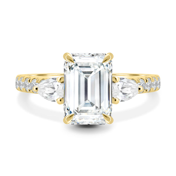 3.50ct Emerald Three Stone Cathedral Pave F/VS1 CVD Diamond Engagement Ring