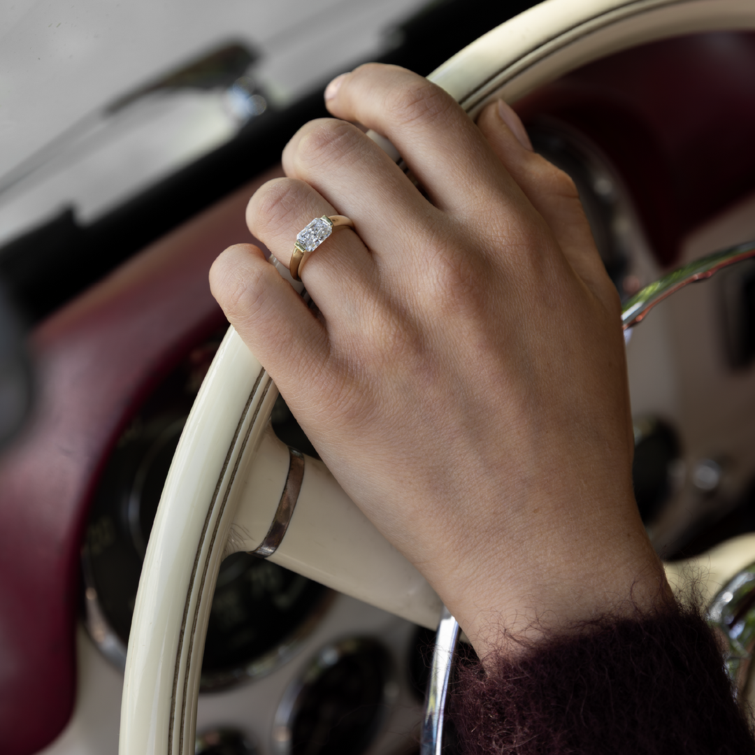 1.0CT Half Bezel Set Radiant Cut Lab Grown Diamond Signet Engagement Ring