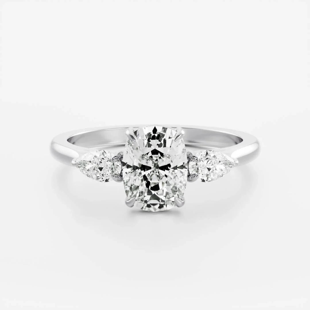 lab grown elongated cushion diamond three stone ring IGI certified USA