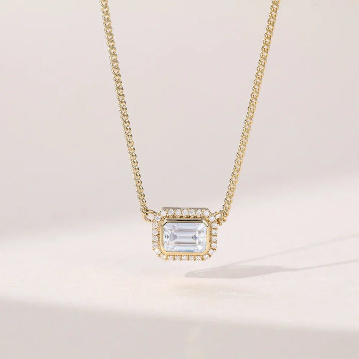 East West Emerald Cut Halo Lab Grown Diamond Necklace Elegant