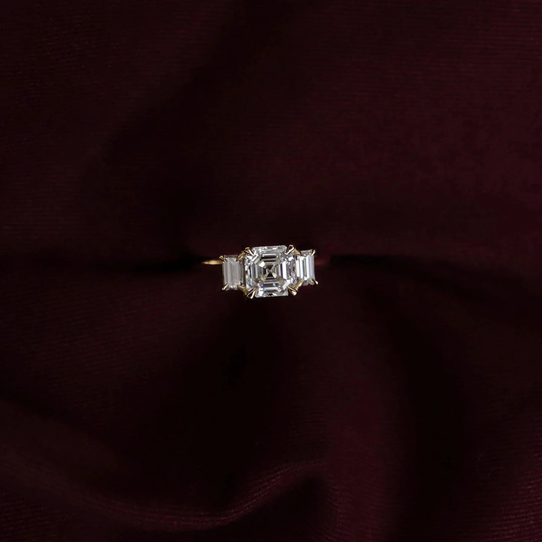 1.50CT Asscher Cut Lab Grown Diamond Three Stone Engagement Rings