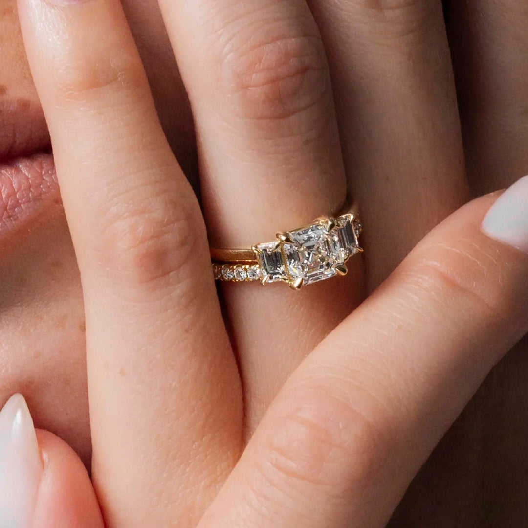 1.50CT Asscher Cut Lab Grown Diamond Three Stone Engagement Rings