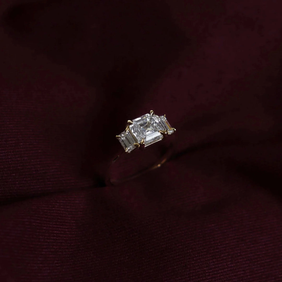 1.50CT Asscher Cut Lab Grown Diamond Three Stone Engagement Rings